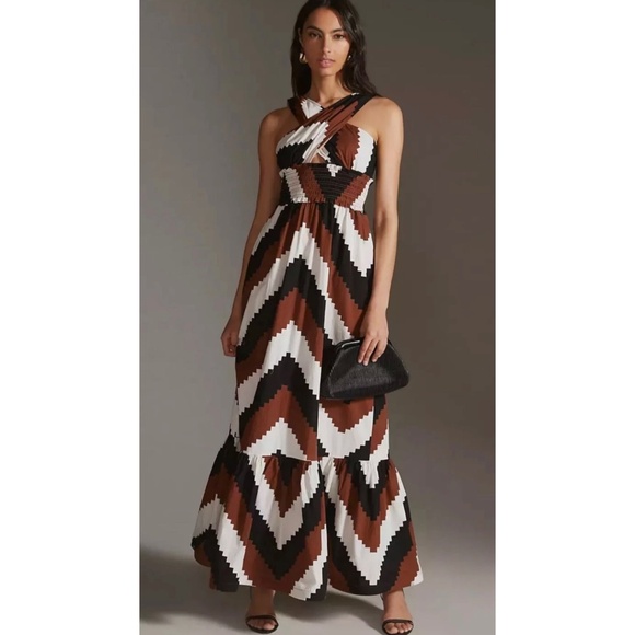 Anthropologie PLENTY by Trey Reese Halter Chevron Maxi Dress,SP - Picture 1 of 12
